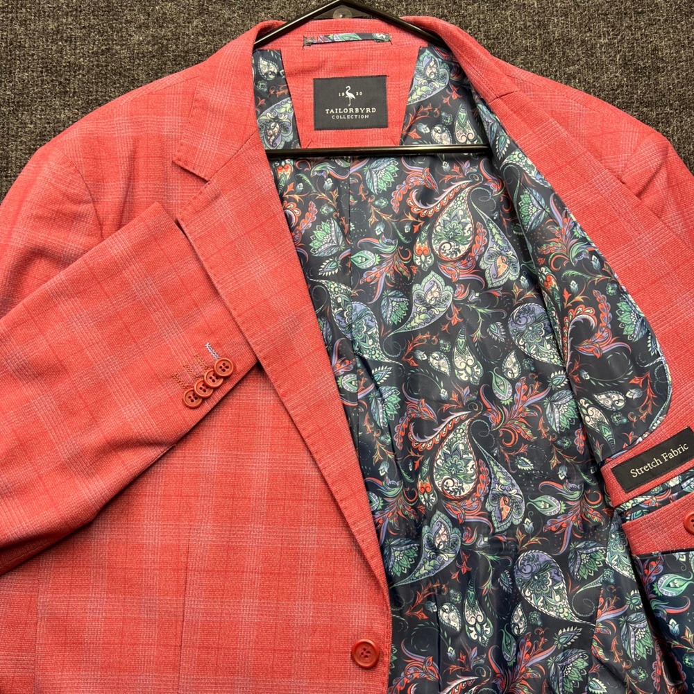 Tailorbyrd Collection Mens Red Plaid Stretch Sport Coat Blazer Size 44 Paisley